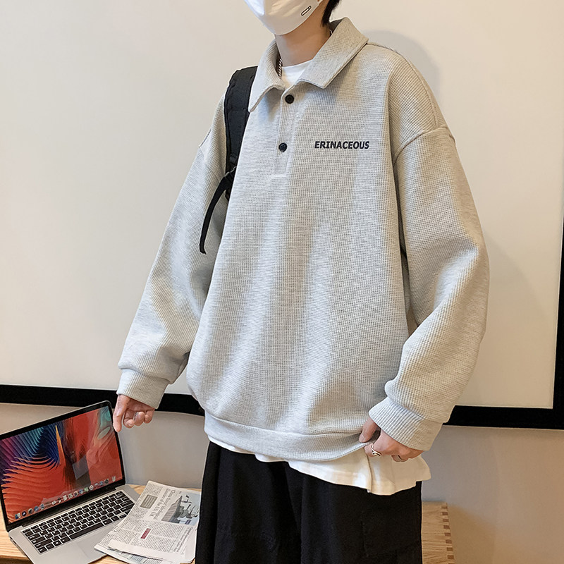 港风春男休闲卫衣华夫格POLO衫长袖T恤字母印花贴标外套WY12,男装卫衣,星座1013-1