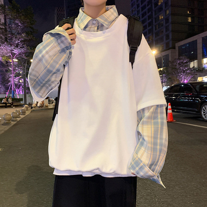 港风秋款男假两件衬衫休闲卫衣套头格子拼色打底外套wy751P45,男装卫衣,星座1013-1
