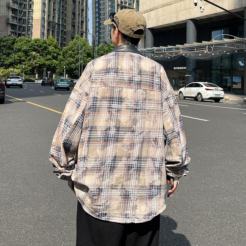 高品质秋款男长袖衬衫格子PU皮拼接宽松衬衣外套CS119P45,男装衬衫,星座1013-1