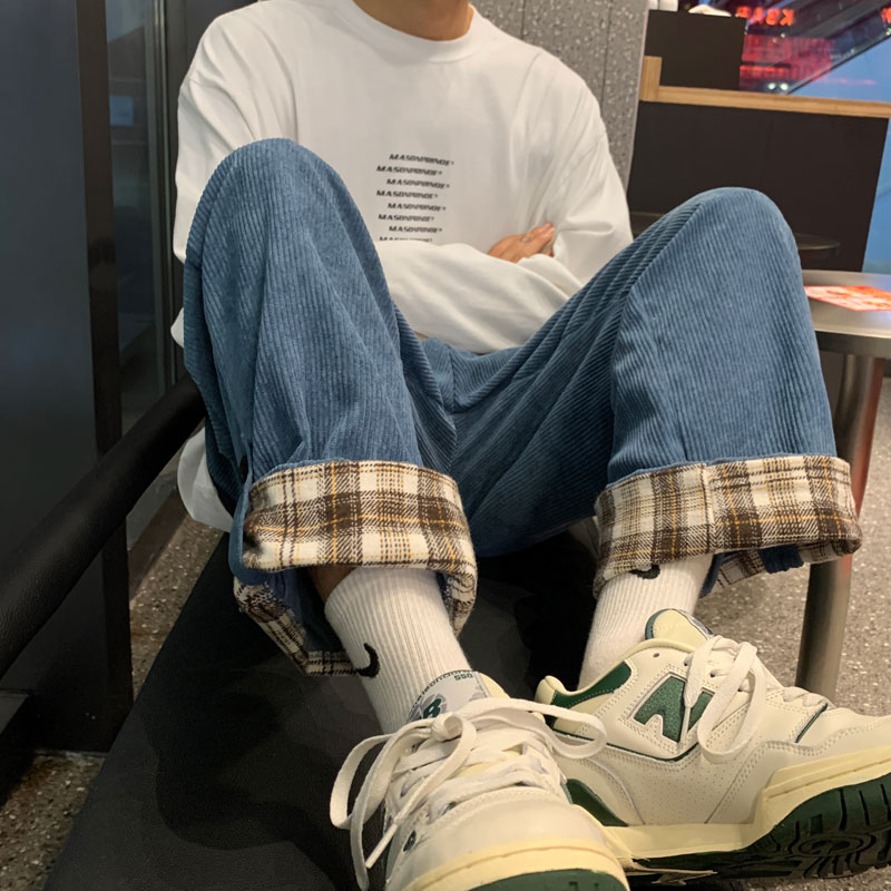 港风冬款男休闲裤灯芯绒格子按扣拼接加厚宽松百搭裤h887,男装休闲裤,星座1013-1
