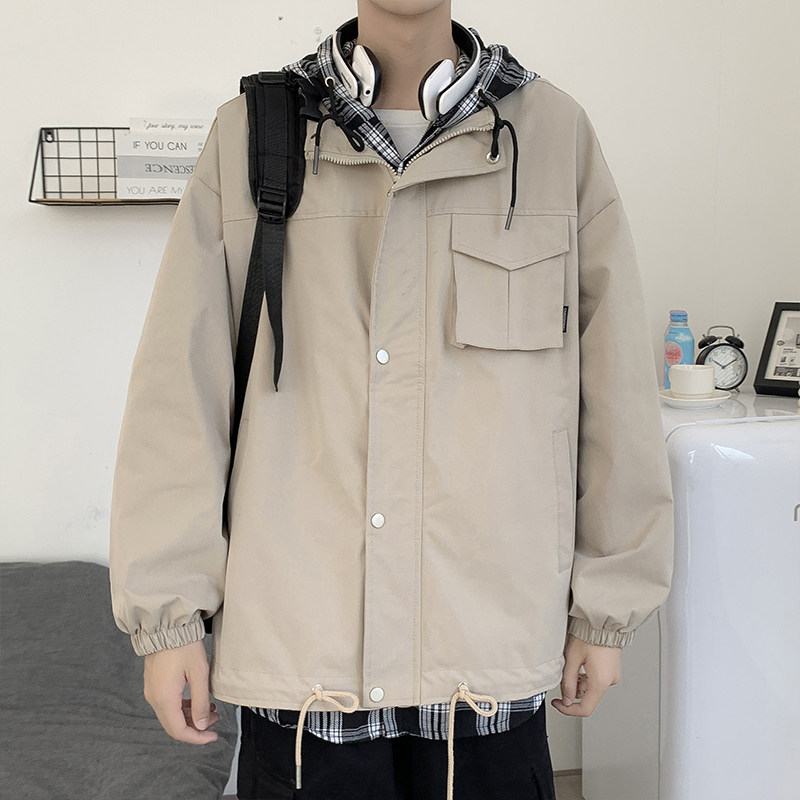 港风秋冬款男工装夹克潮假两件格子连帽加厚休闲外套JK26 P70图片