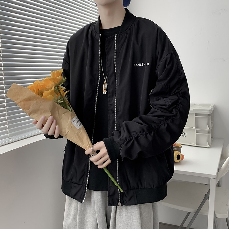 高品质港风春款男夹克立领工装字母印花褶皱拉链外套J,男装夹克,星座1013-1