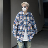 港风秋款男长袖衬衫条纹格子单排扣字母刺绣衬衣CS111P45，男装衬衫，星座1013-1