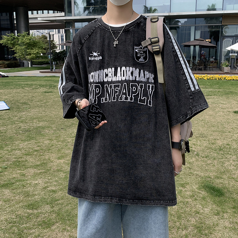 港风夏男短袖水洗T恤纯棉条纹字母印花徽章休闲T恤衫T120P45,男装T恤,星座1013-1