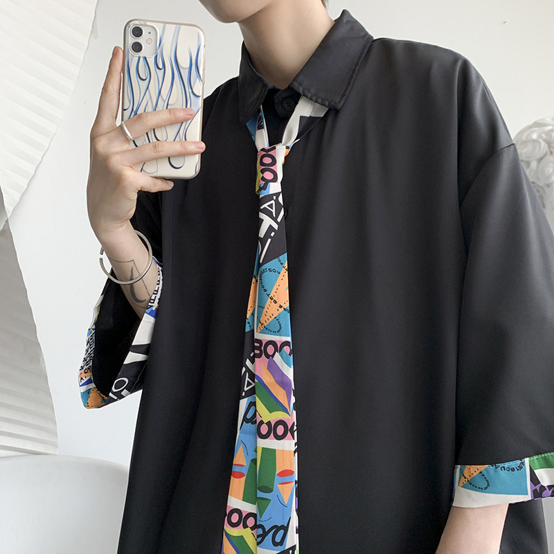 港风夏男短袖衬衫涂鸦印花休闲衬衣送花领带CS120P35,男装衬衫,星座1013-1