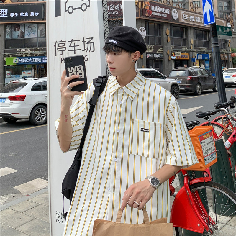夏款男短袖条纹衬衫宽松贴标韩版百搭衬衣CS708,男装衬衫,星座1013-1