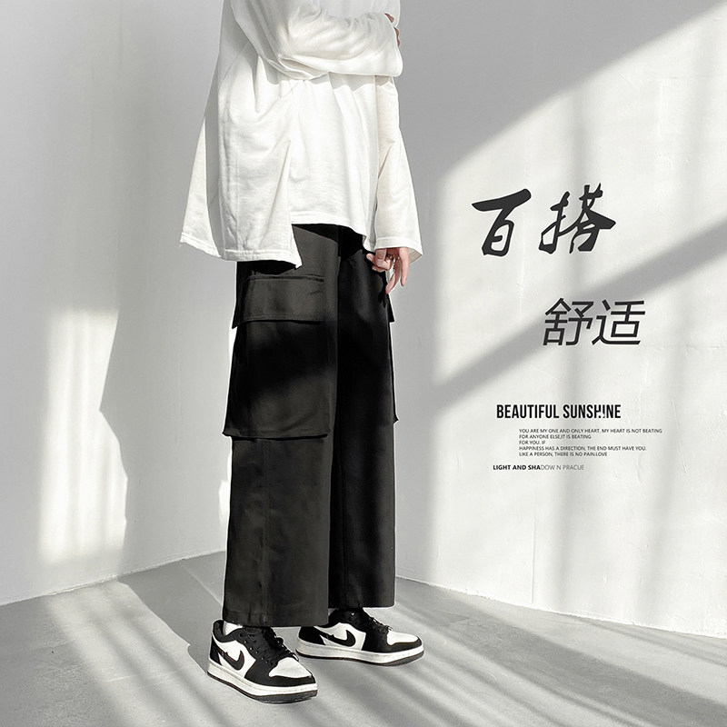 2022港风春款男工装裤大口袋宽松阔腿字母印花九分裤h63,男装休闲裤,星座1013-1