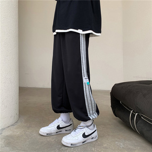 2021春款港风男休闲裤抽绳条纹贴标束脚宽松九分裤h331 P35图片