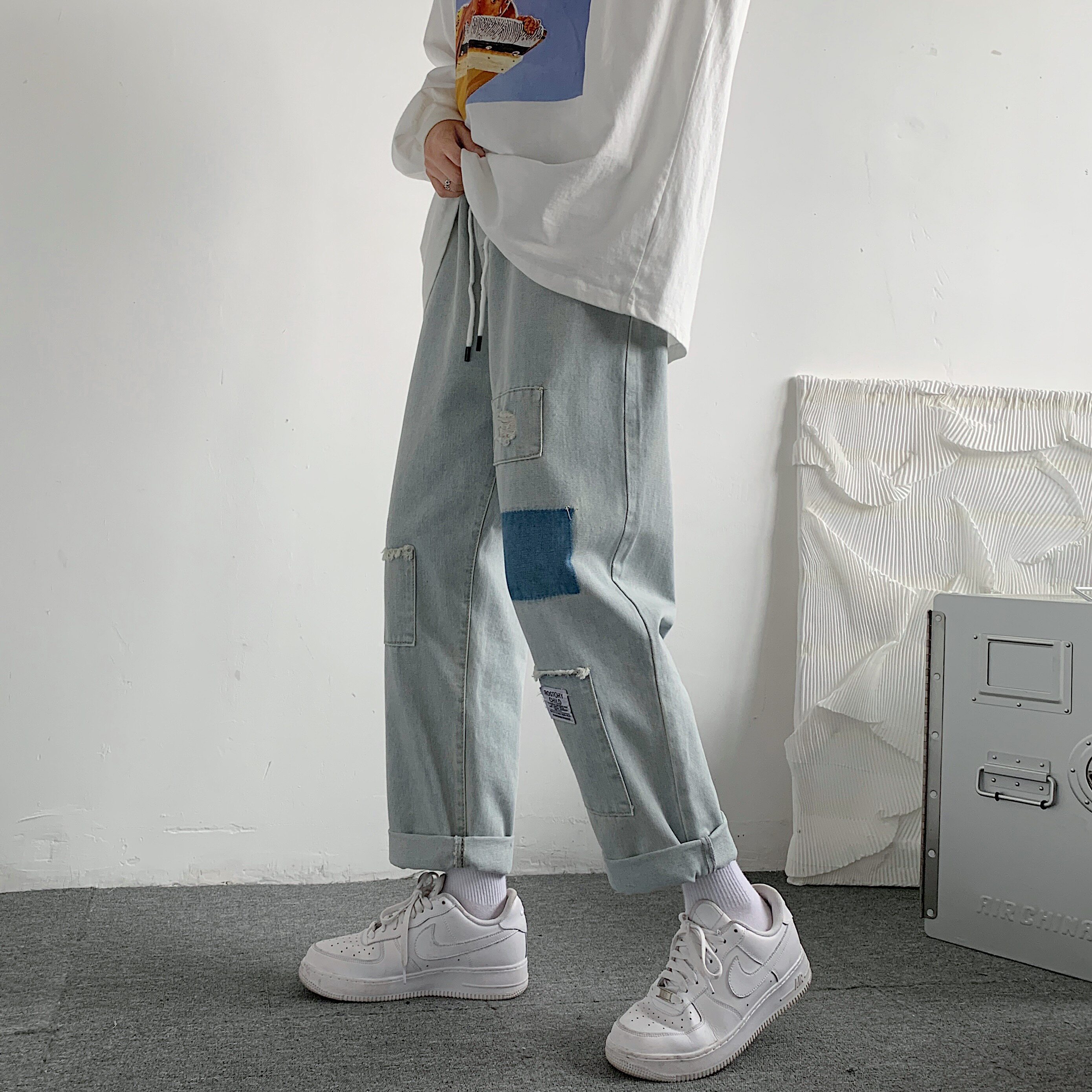 港风秋款男补丁破洞工装牛仔裤宽松直筒九分裤nk803 P40图片