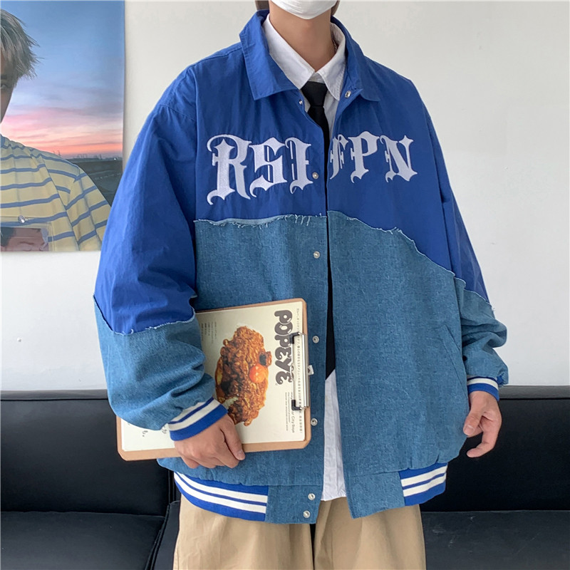 克莱因蓝秋款男夹克字母印花条纹牛仔拼休闲外套JK8516 P60图片