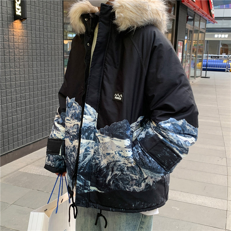 冬款男棉衣山脉扎染连帽毛领纯棉加绒加厚保暖棉袄外套Y6532,男装棉衣,星座1013-1