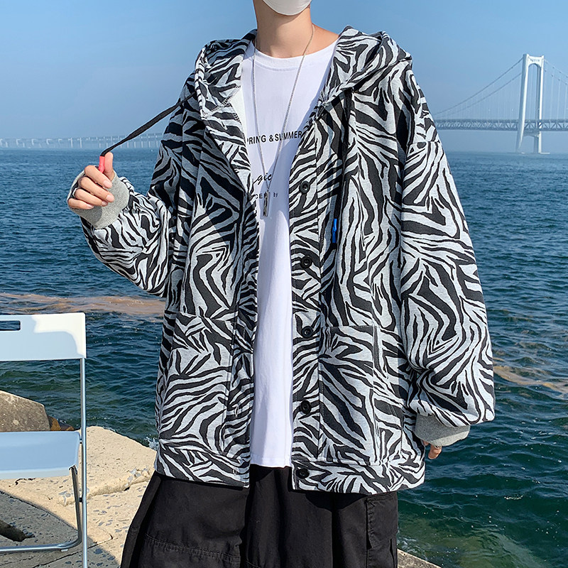 2021港风秋款男休闲卫衣连帽单排扣斑马印花外套J,男装卫衣,星座1013-1