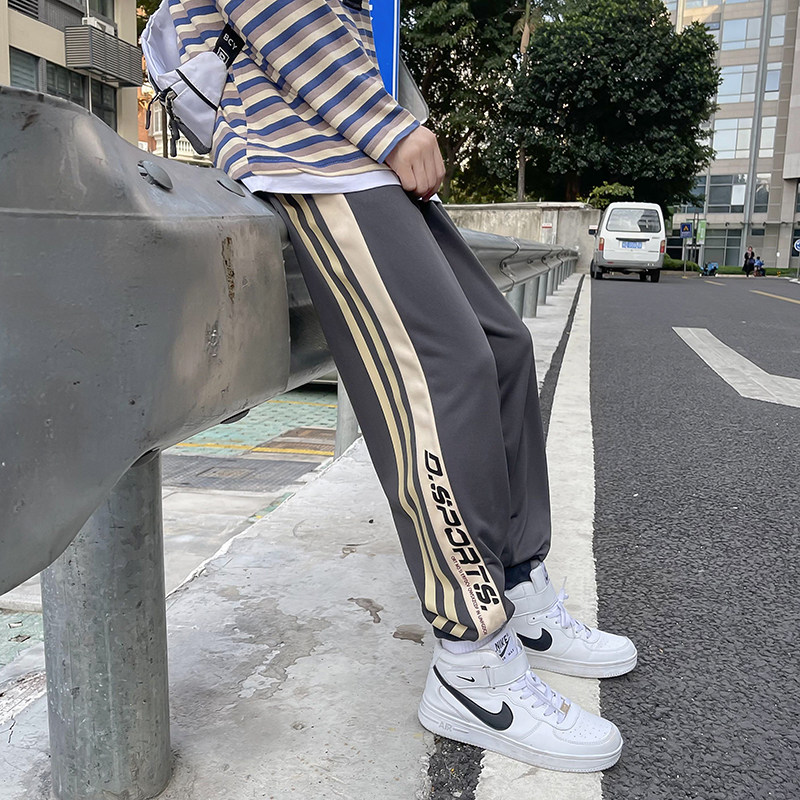 2021港风春款男休闲裤束脚裤条纹拼接字母印花九分裤h38P33,男装休闲裤,星座1013-1