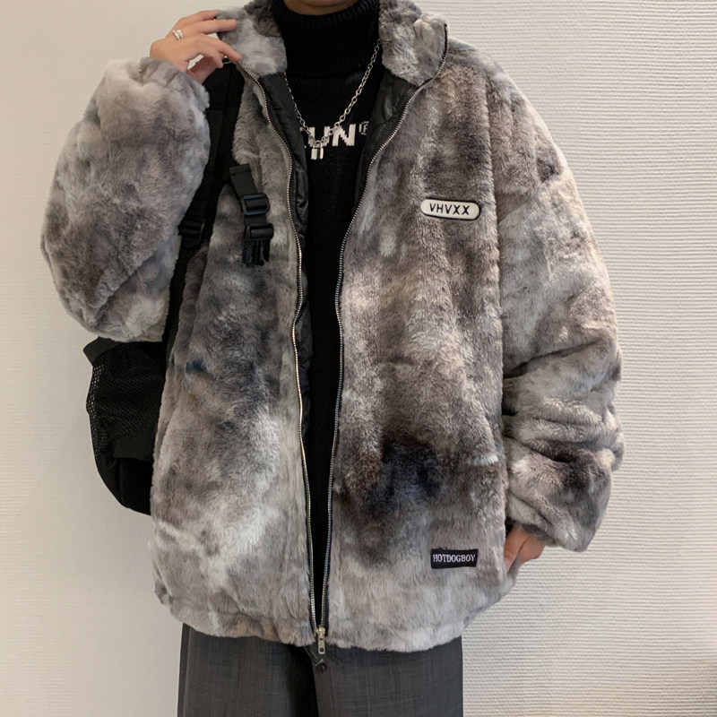 冬男棉衣字母贴标扎染羊羔毛绒立领内里夹棉服休闲外套Y101图片