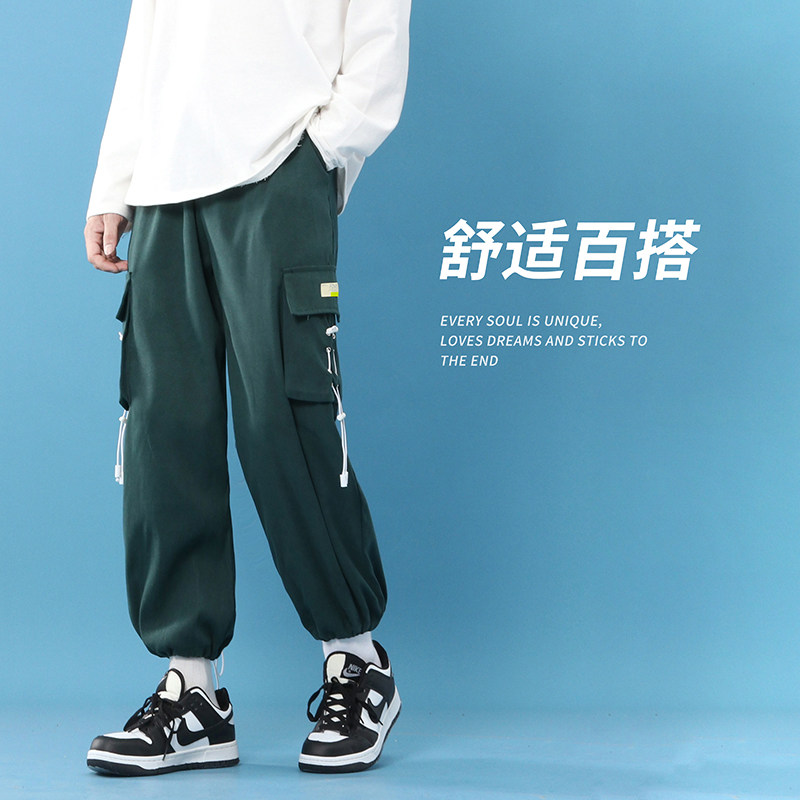 港风秋款男休闲裤工装裤大口袋抽绳潮宽松束脚九分裤h040,男装休闲裤,星座1013-1
