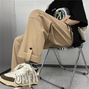 港风夏款男休闲裤纯棉工装裤织带按扣直筒宽松长裤h214 P40图片