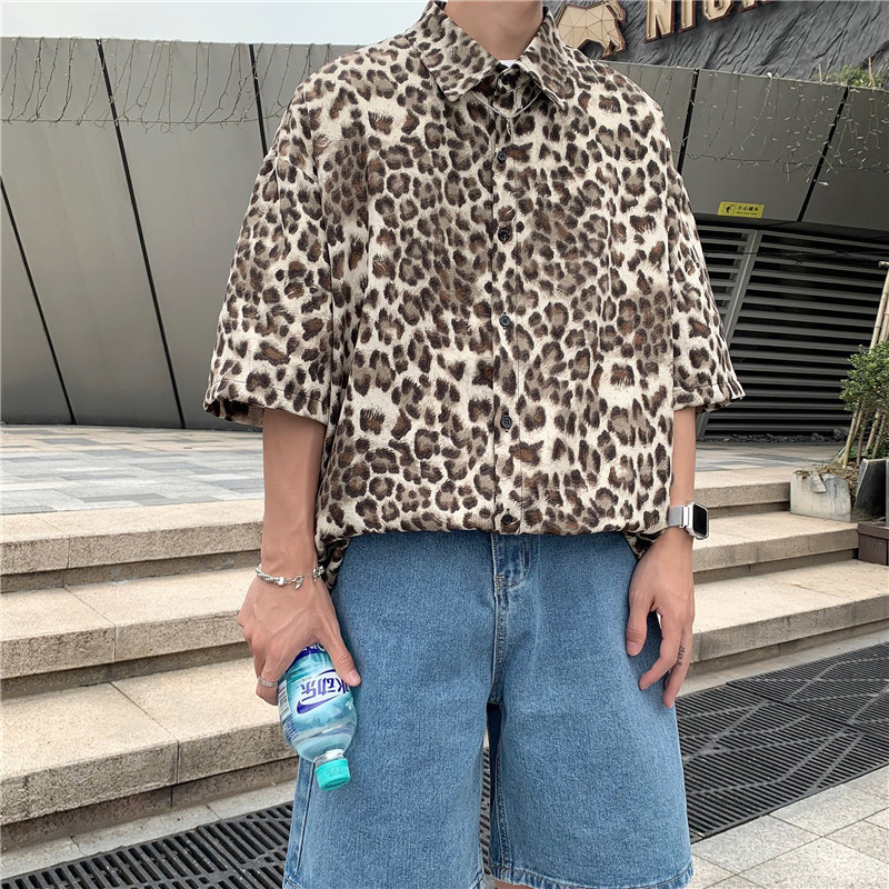 港风夏款男短袖衬衫豹纹潮宽松贴标衬衣外套CS2201P35,男装衬衫,星座1013-1