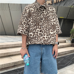 港风夏款男短袖衬衫豹纹潮宽松贴标衬衣外套CS2201 P35图片