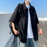 港风夏款男短袖工装衬衫拉链口袋明线拼接五分袖衬衣CS020P40，男装衬衫，星座1013-1