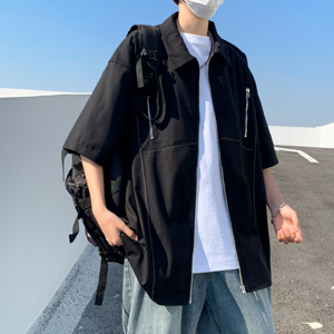 港风夏款男短袖工装衬衫拉链口袋明线拼接五分袖衬衣CS020 P40图片