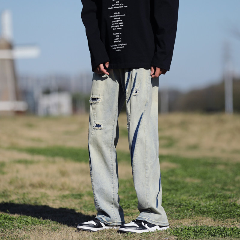 港风夏款男牛仔裤破洞补丁刀割拼接直筒宽松休闲裤nk8025P50,男装牛仔裤,星座1013-1