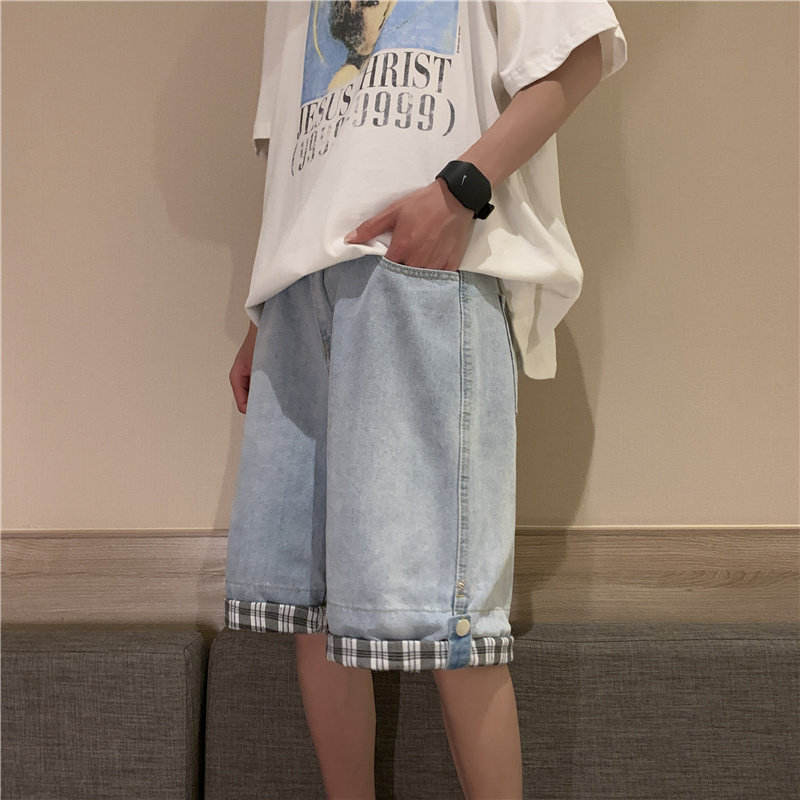 2021港风夏款男牛仔短裤格子拼接潮休闲五分裤马裤D527P40,男装牛仔裤,星座1013-1
