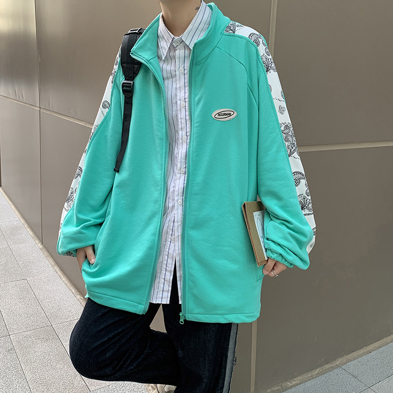 2021港风秋男夹克开衫腰果印花拼接拉链运动卫衣外套J,男装夹克,星座1013-1