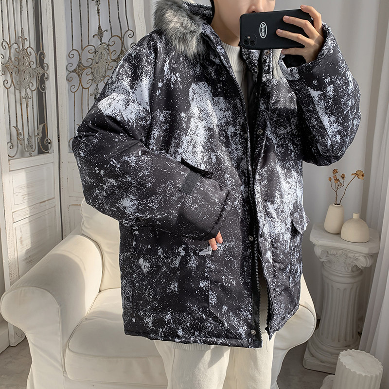 港风男棉衣连帽毛领外套潮宽松棉袄工装棉服泼墨面包服M8807P90,男装棉衣,星座1013-1