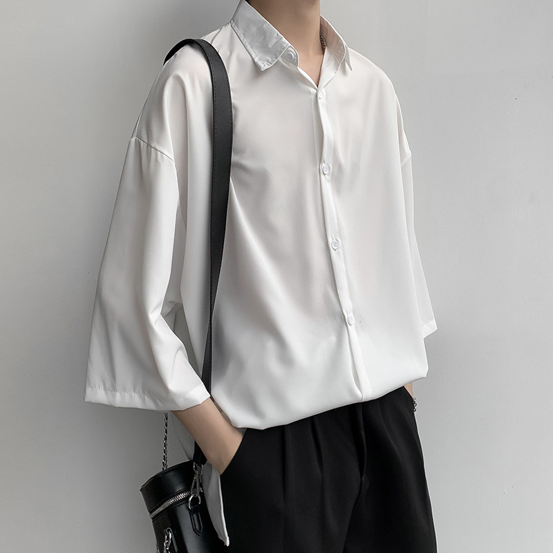 港风夏款男短袖衬衫四面弹丝滑纯色七分袖休闲衬衣CS16P33，男装衬衫，星座1013-1