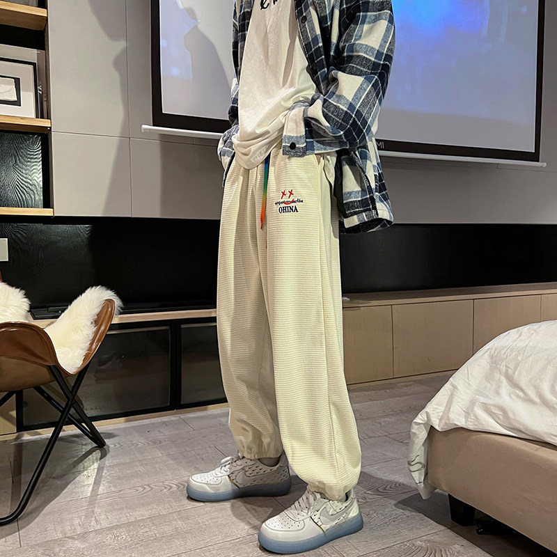 2022港风春款男束脚裤华夫格字母印花潮休闲九分裤h50,男装休闲裤,星座1013-1