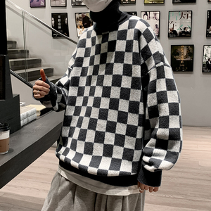 冬款男毛衣高领棋盘格拼接加厚毛线衣外套M014