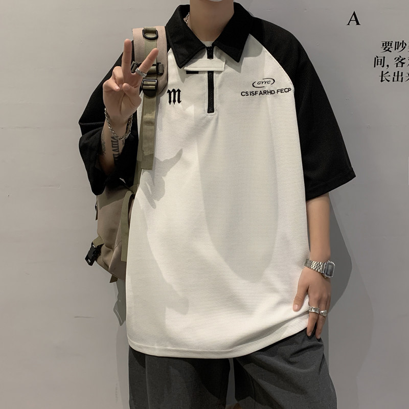 夏款男短袖POLO衫华夫格字母印花拉链织带拼色休闲T恤衫T603P35,男装T恤,星座1013-1