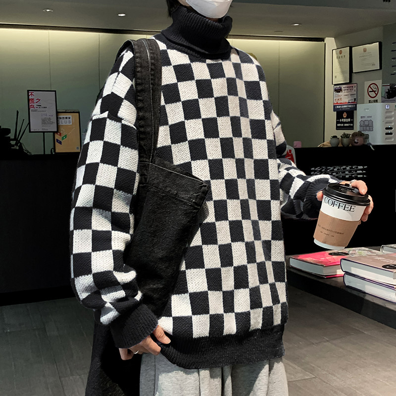 冬男毛衣高领棋盘格拼接针织衫加厚打底线衣M014,男装针织衫/毛衣,星座1013-1