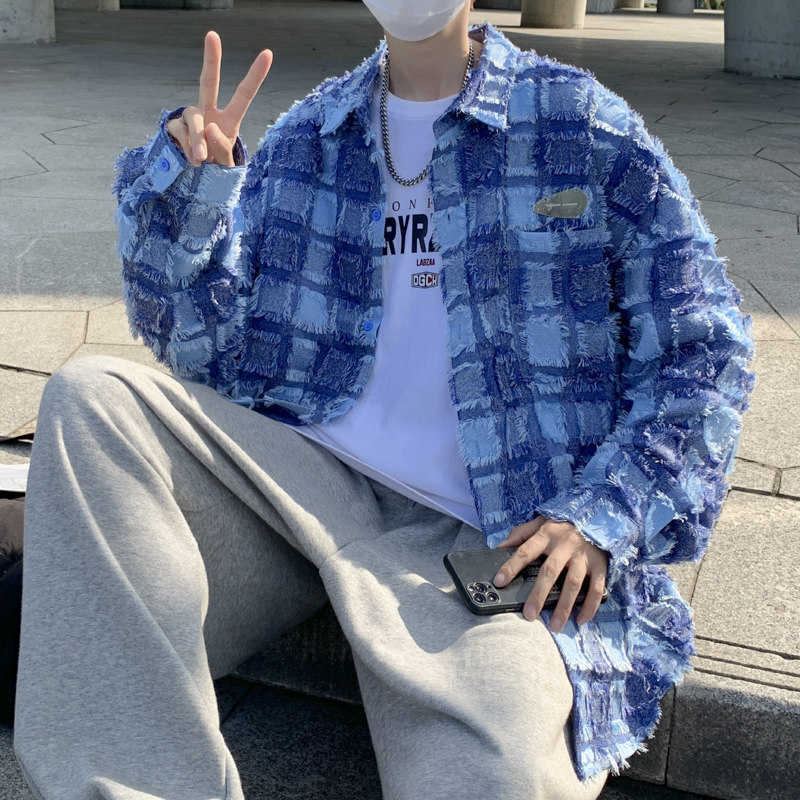 秋冬款男长袖衬衫流苏方格条纹拼接衬衣休闲外套CS019,男装衬衫,星座1013-1