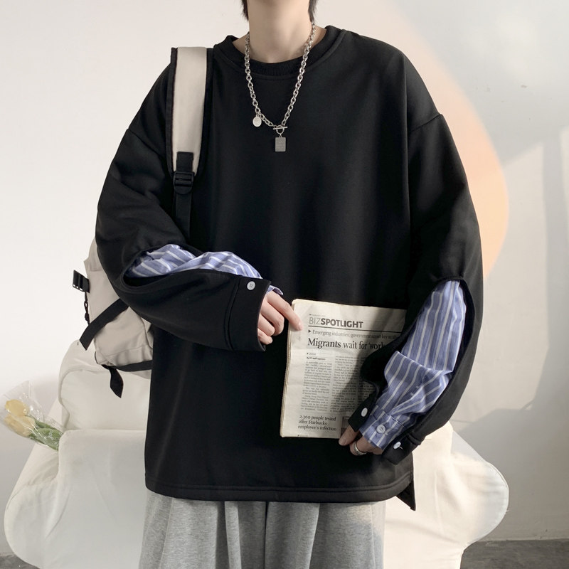 2022港风春男卫衣假两件圆领条纹拼接休闲外套wy5080图片