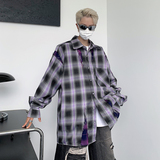 秋款男长袖衬衫补丁拼接格子渐变色休闲宽松衬衣外套CS104P45，男装衬衫，星座1013-1