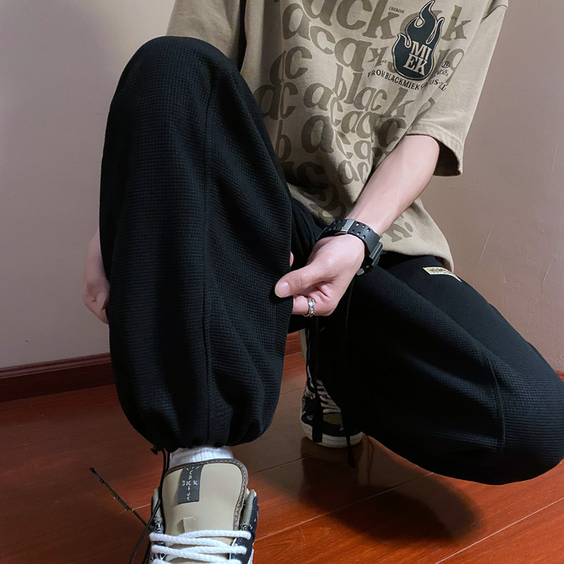 港风春夏男裤小贴标华夫格抽绳束脚休闲长裤h578P35,男装休闲裤,星座1013-1
