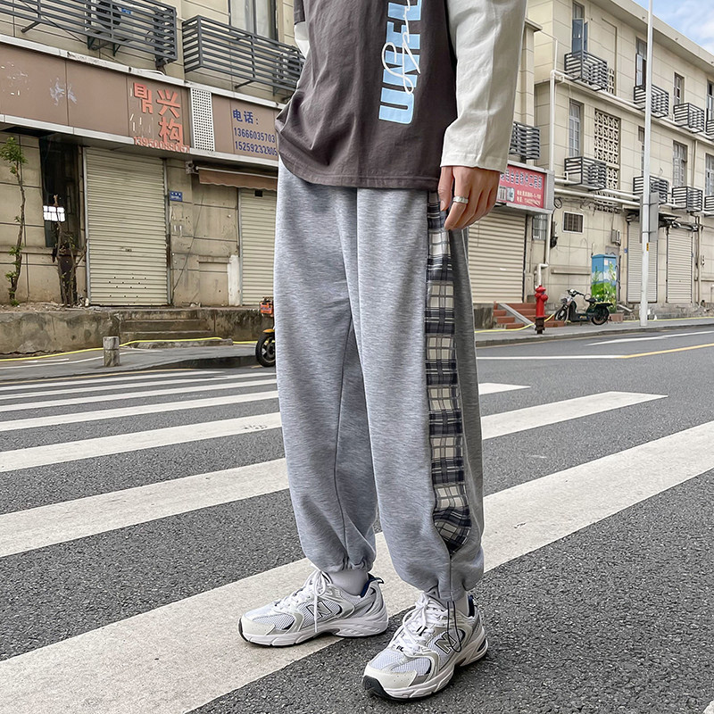 2021港风春款男休闲裤条纹格子拼接抽绳宽松直筒九分裤h41P30,男装休闲裤,星座1013-1