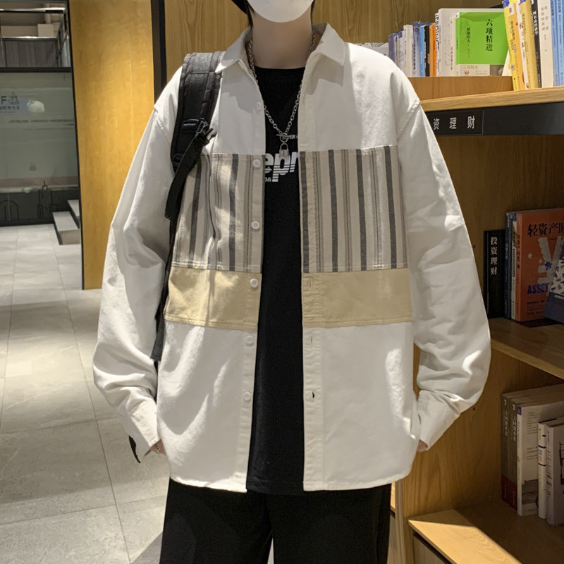 2022港风春款男长袖衬衫工装条纹拼接休闲翻领衬衣外套CS1135,男装衬衫,星座1013-1