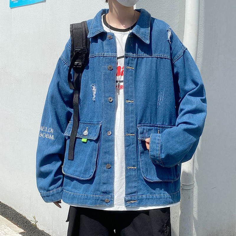 2021港风秋款男破洞牛仔夹克衫工装大口袋字母印花外套JK135 P60图片