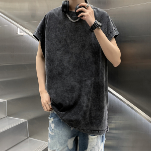 港风夏款男背心运动马甲纯棉水洗做旧坎肩纯色T恤T112 P35图片