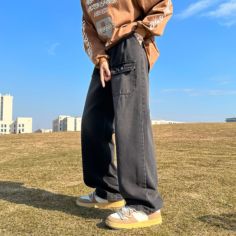 港风秋冬款男牛仔裤工装裤大口袋渐变色直筒宽松长裤nk741P45,男装牛仔裤,星座1013-1