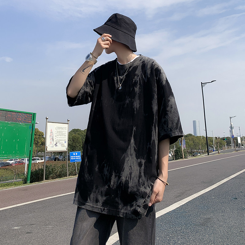港风夏款男短袖纯棉T恤扎染水洗宽松版中长款五分袖T恤衫T017P40,男装T恤,星座1013-1