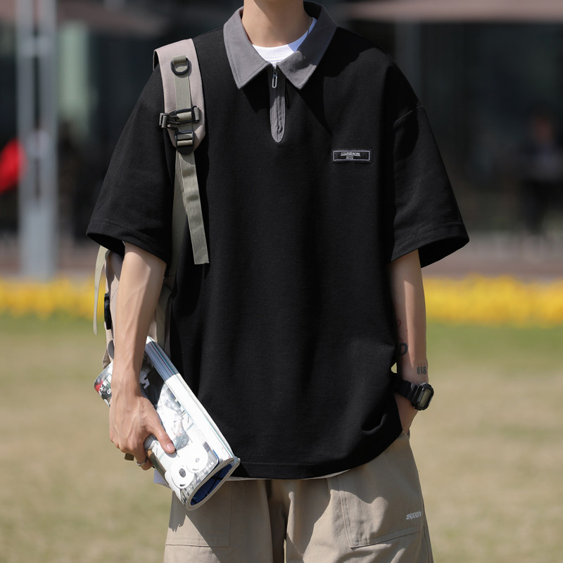 高品质夏款男短袖POLO衫拼色拉链字母贴标休闲T恤衫T913 P35图片