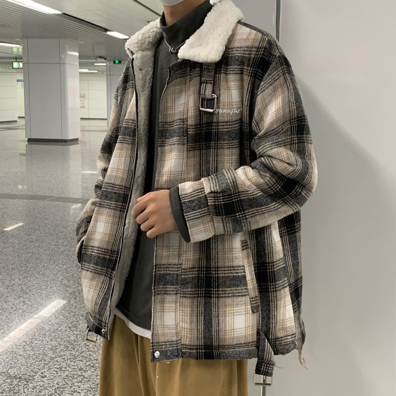 港风男棉衣羊羔毛条纹格子宽松棉服加绒加厚外套棉袄M02图片
