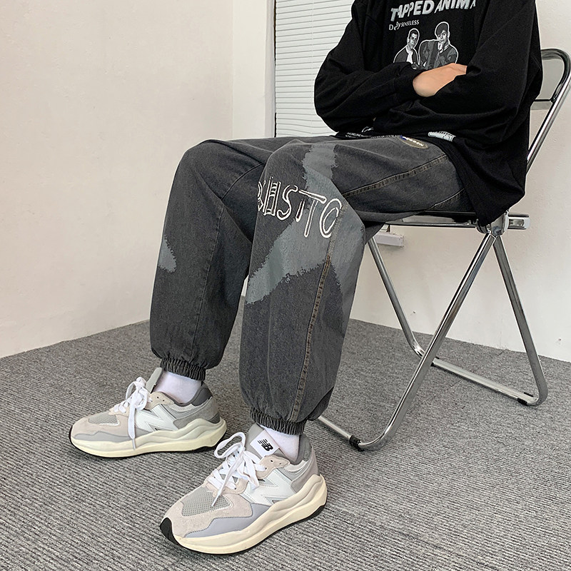 2021港风男牛仔裤字母印花十字架束脚裤九分裤nk8027P50,男装牛仔裤,星座1013-1