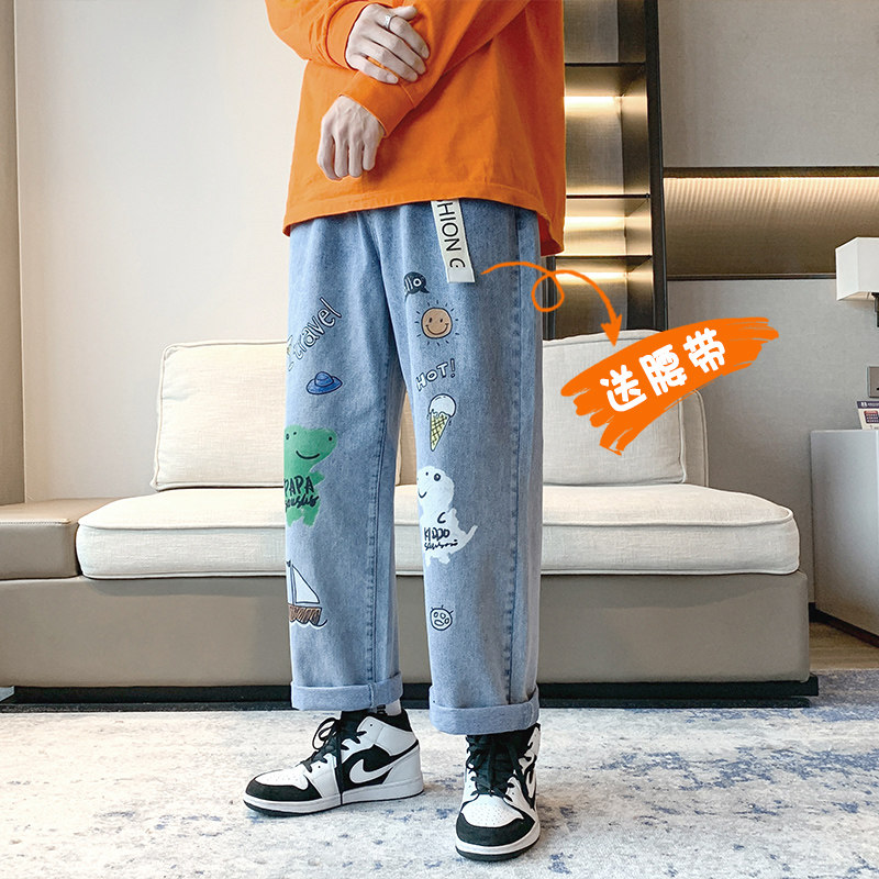 港风夏款高品质男牛仔裤宽松图案潮印花直筒休闲裤nk2138P60,男装牛仔裤,星座1013-1