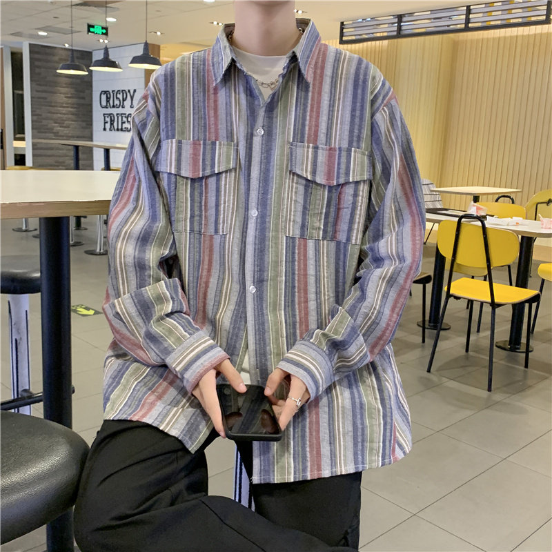 2021港风秋款男休闲衬衫彩色条纹拼色长袖韩版翻领衬衣CS728P35,男装衬衫,星座1013-1
