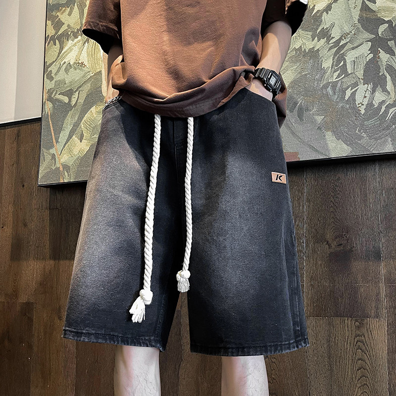 高品质夏款男牛仔短裤渐变色小贴标休闲中裤长腰带D584P40,男装牛仔裤,星座1013-1