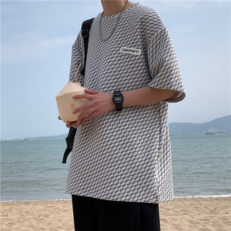 港风夏短袖T恤字母贴标华夫格宽松百搭五分T恤衫T329P35,男装T恤,星座1013-1